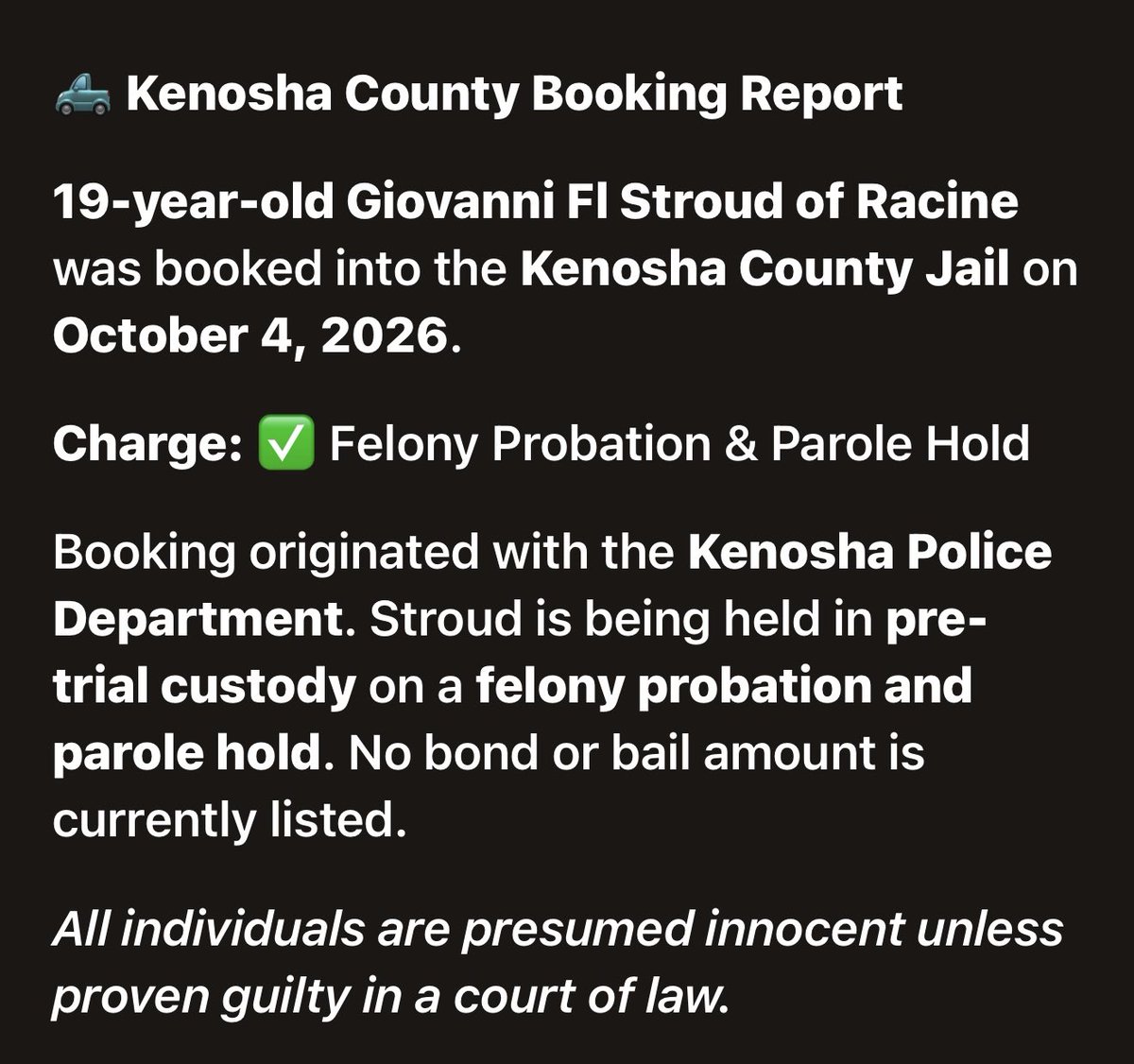KenoshaRising's tweet photo. STROUD, GIOVANNI FL
✨⭐️✨⭐️✨⭐️✨⭐️✨

https://t.co/ImM0mEZGJ7

📍 #KenoshaCounty #KenoshaWI 🚔 #JailBooking 📰 #LocalNews ⚖️ #CommunityUpdate
👮‍♀️#KenoshaPD https://t.co/GXwI9m9NL5