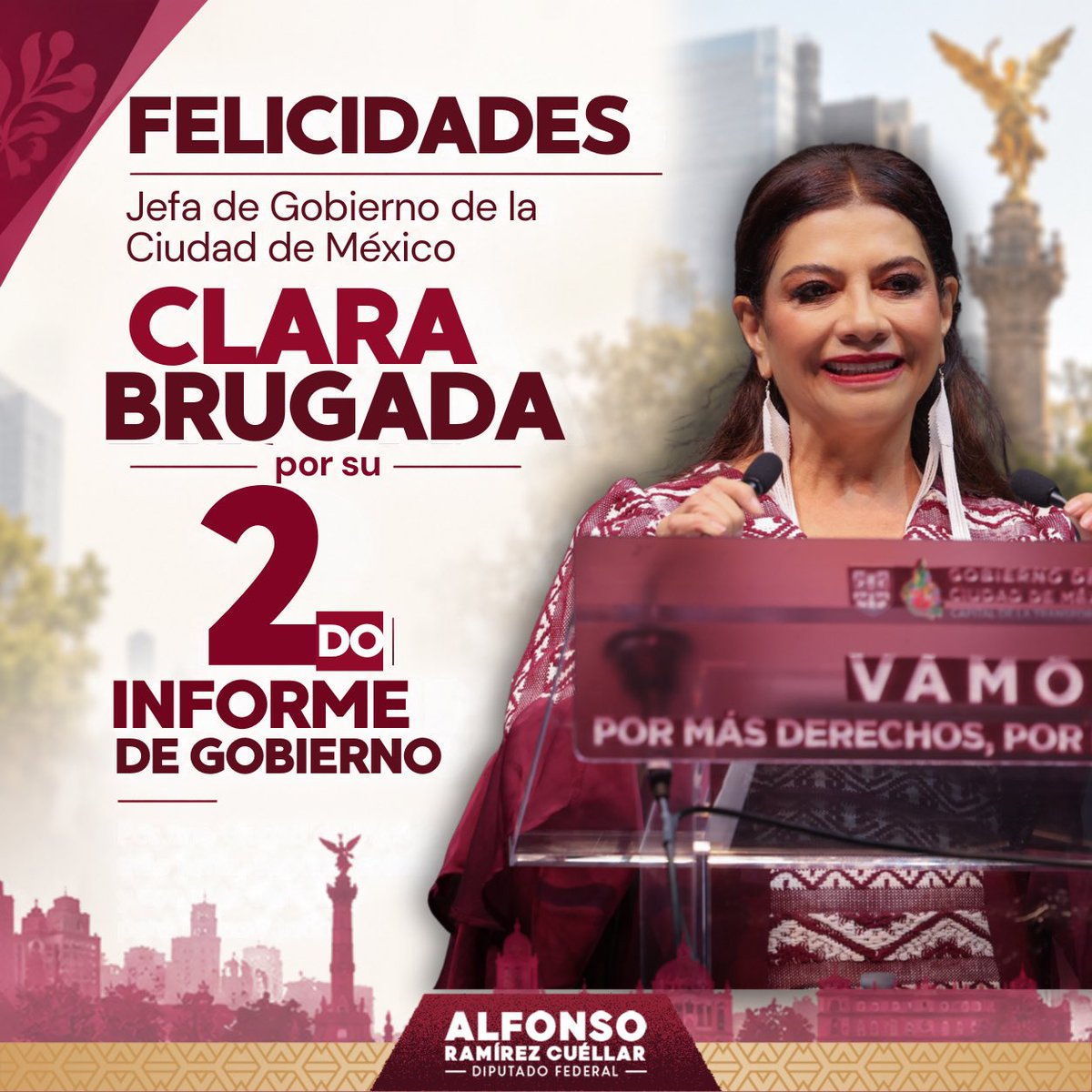 aramirezcuellar's tweet photo. Felicitamos a la Jefa de Gobierno, @ClaraBrugadaM, por la presentación de su Segundo Informe de Gobierno.
La Ciudad de México enfrenta grandes retos y tiene por delante la tarea de seguir construyendo una ciudad con más derechos, bienestar y oportunidades para todas y todos. https://t.co/fsFzIIEUVG