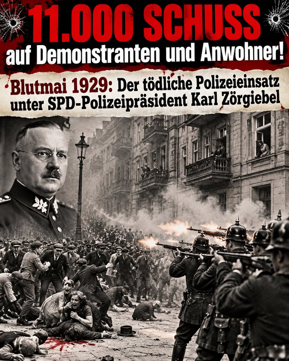 Bernd_Kaiser_BD's tweet photo. Die selbsternannten Hüter der Demokratie und ewigen Mahner vor "Polizeigewalt" haben ein bemerkenswert selektives Gedächtnis. Wenn die SPD heute wieder einmal den moralischen Zeigefinger ausfährt und uns über Repression und staatliche Verantwortung belehrt, lohnt sich eine kleine Auffrischung in Sachen sozialdemokratischer Deeskalationsstrategie: 
der Berliner Blutmai 1929.

Unter der fürsorglichen Ägide von SPD-Polizeipräsident Karl Zörgiebel und dem sozialdemokratischen preußischen Innenminister Albert Grzesinski zeigte die angebliche "Arbeiterpartei", wie man souverän mit unliebsamen Demonstranten umgeht. 
Man diskutiert nicht, man feuert keine Gummigeschosse ab – nein, man lässt unglaubliche 11.000 Schuss scharfe Munition in die dicht besiedelten Wohnviertel im Wedding und in Neukölln feuern.

Die Bilanz dieser sozialdemokratischen Fürsorge: 
Über 30 Tote und Hunderte Verletzte. Darunter nicht nur kommunistische Provokateure, sondern reihenweise völlig unbeteiligte Zivilisten. 
Alte Männer und Frauen, die auf dem Balkon standen, wurden buchstäblich in ihren eigenen Wohnungen hingerichtet. 
Ironie der Geschichte: 
Sogar der eigene SPD-Genosse Max Gemeinhardt wurde beim arglosen Blick aus dem Fenster von den Kugeln der Zörgiebel-Polizei niedergestreckt. 
Einfach ein bedauerlicher Kollateralschaden für den "Schutz der Republik", nicht wahr?

Und wie es sich für glühende Demokraten gehört, wurde eine offizielle amtliche Untersuchung danach natürlich durch die SPD-Führung vornehm blockiert. 
Man verbot stattdessen kurzerhand den politischen Gegner, klopfte sich gegenseitig auf die Schulter und wusch die Hände in Unschuld.

Wer 11.000 Schuss auf das eigene Volk abfeuern lässt und die Aufklärung vertuscht, hat die historische Blaupause für staatliche Repression geliefert. 
Dass ausgerechnet diese Partei sich heute als lupenreine moralische Instanz aufspielt, ist an Zynismus nicht zu überbieten. 
Die historische Wahrheit ist: 
Wenn die SPD die Macht hat, sitzt der Finger am Abzug erstaunlich locker. 
Aber solange man heute gegen "Rechts" kämpft, drückt man bei der eigenen blutrünstigen Vergangenheit offenbar gerne beide Augen zu.

#SPD #Sozialismus