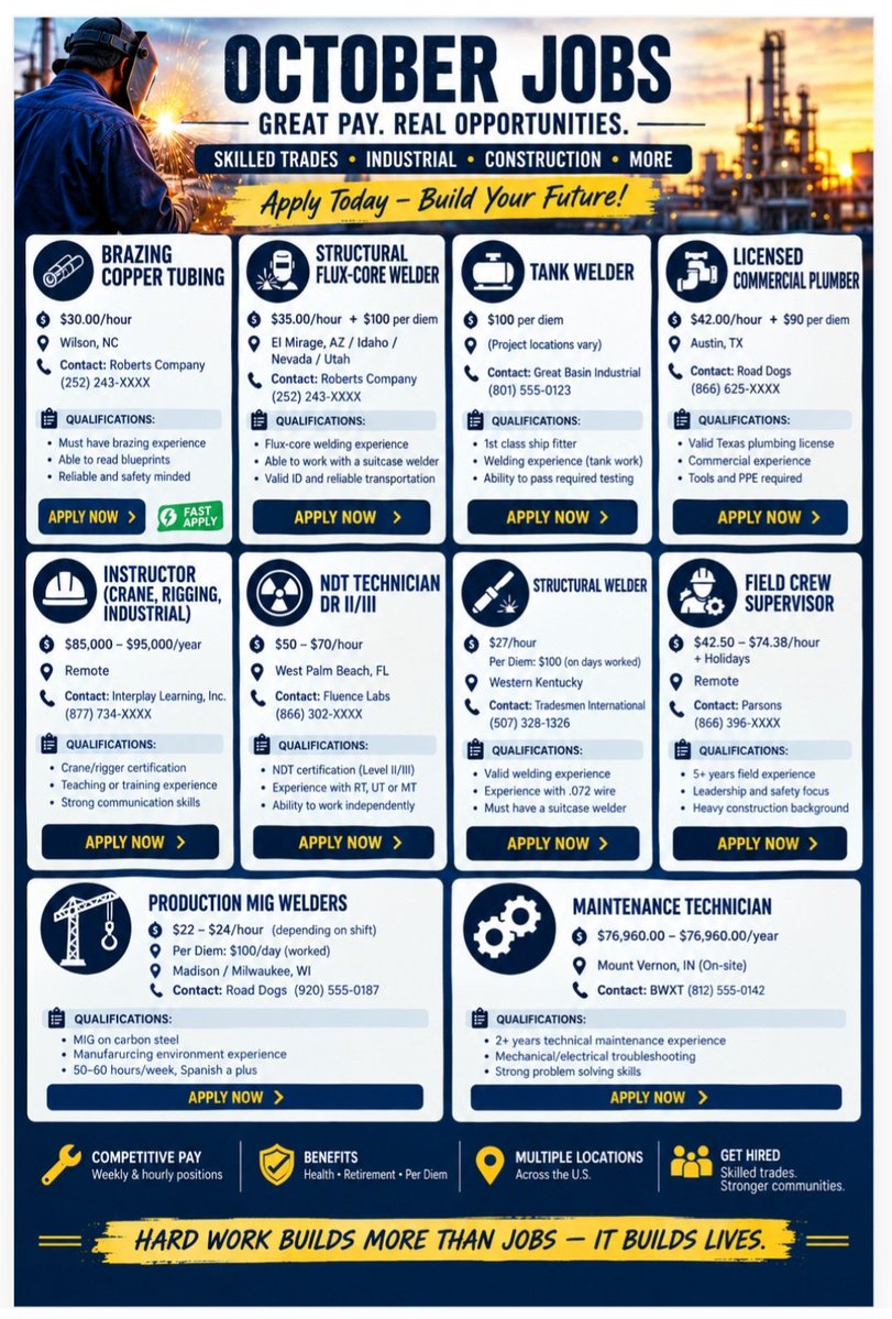 TheBCWhisperer's tweet photo. The weather's getting cooler, but the skilled trades are still 🔥!! If you know someone, share the list.
#bluecollarpublishing 
#tradeworkers
#SkilledTrades 
#BlueCollarPride https://t.co/bwsjO9B6Gg