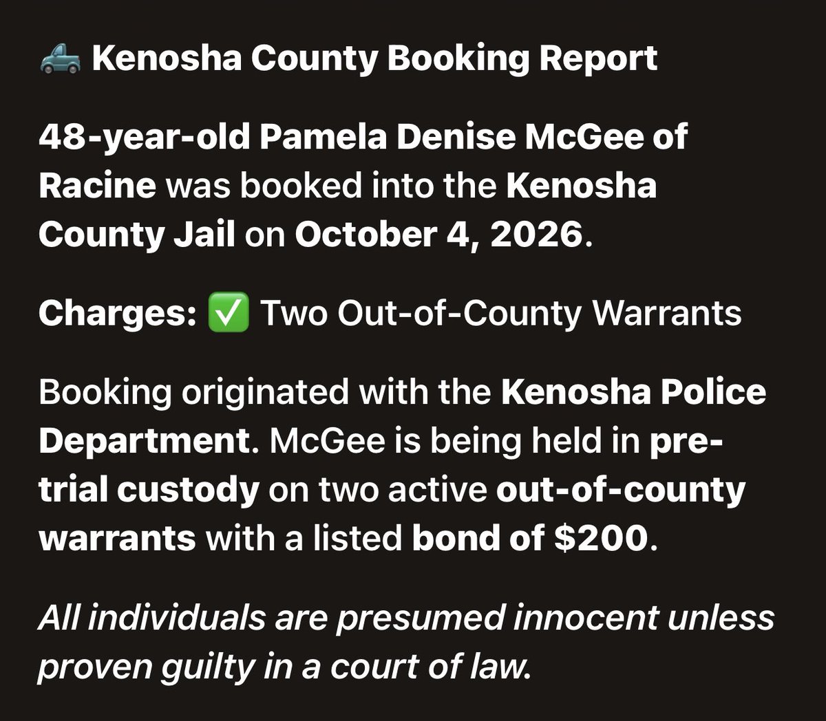 KenoshaRising's tweet photo. MCGEE, PAMELA DENISE
⭐️✨⭐️✨⭐️✨⭐️✨⭐️✨ 📍 #KenoshaCounty #KenoshaWI 🚔 #JailBooking 📰 #LocalNews ⚖️ #CommunityUpdate
👮‍♀️#KenoshaPD

https://t.co/g05KhGoZ0l https://t.co/30AlnSuxZD