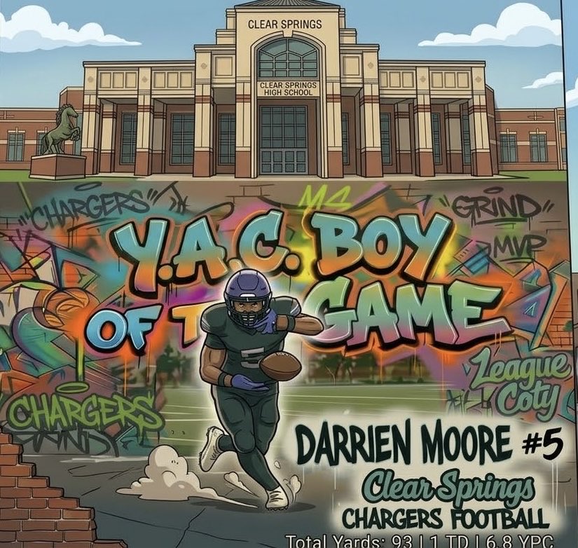 Jeremy_Davis1's tweet photo. Shout out to this week’s Y.A.C. Boy of the Week @DMoore2028, guy is dominant with the ball in his hands and refuses to go down off first contact. 📈📈📈#YACBoyoftheWeek @Clear_SpringsFB https://t.co/hxIZrOEIWj