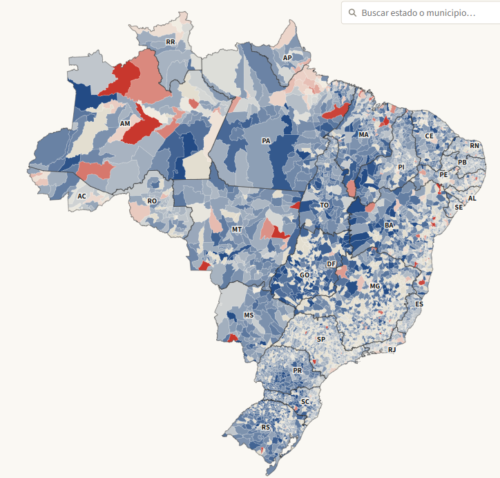 danyscht's tweet photo. En azul: donde Lula perdió % de votos versus 2022 (y los ganó Bolsonaro).

En rojo: donde Lula crece versus 2022.

Mapa casi totalmente azul. https://t.co/hMxAuFGsg7