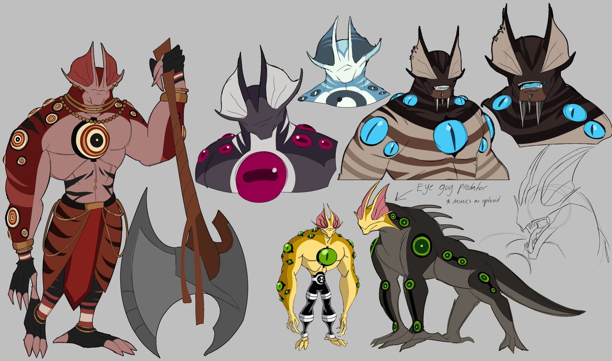 NotCallisto's tweet photo. Bunch of one off Opticoid designs that I most likely wont finish 
#Ben10 

-
I really enjoy drawing this species https://t.co/2l8QMWqTy6