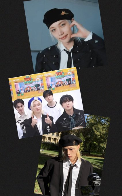 A collage features three polaroid-style photos of a blonde-haired K-pop idol wearing a black beret, posing with fans in different settings.