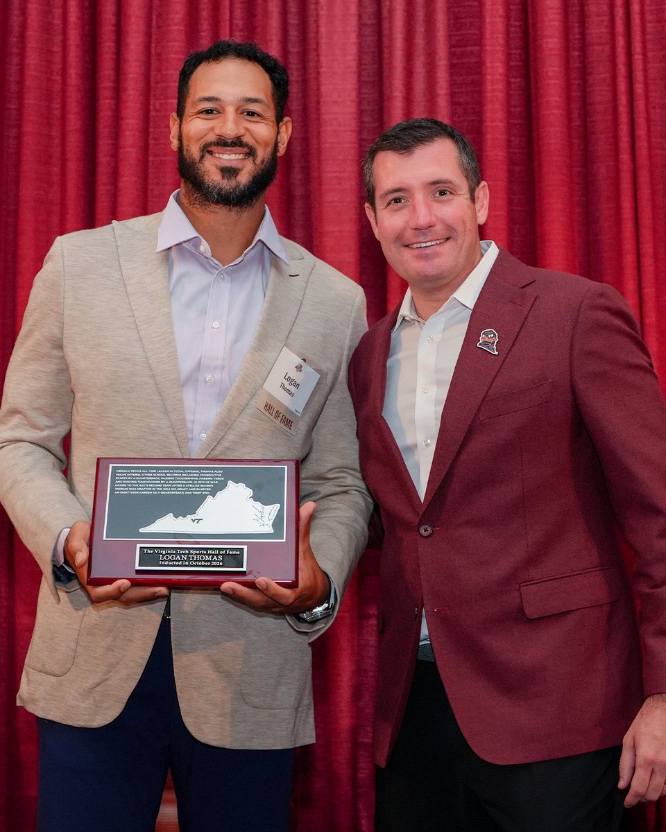 HokiesFB's tweet photo. Welcome back @LoganThomasSr_6 !! 

A career worth celebrating! Congrats on your induction into the Virginia Tech Sports Hall of Fame 👏

#LetsGoHokies https://t.co/y8W47BsxXQ