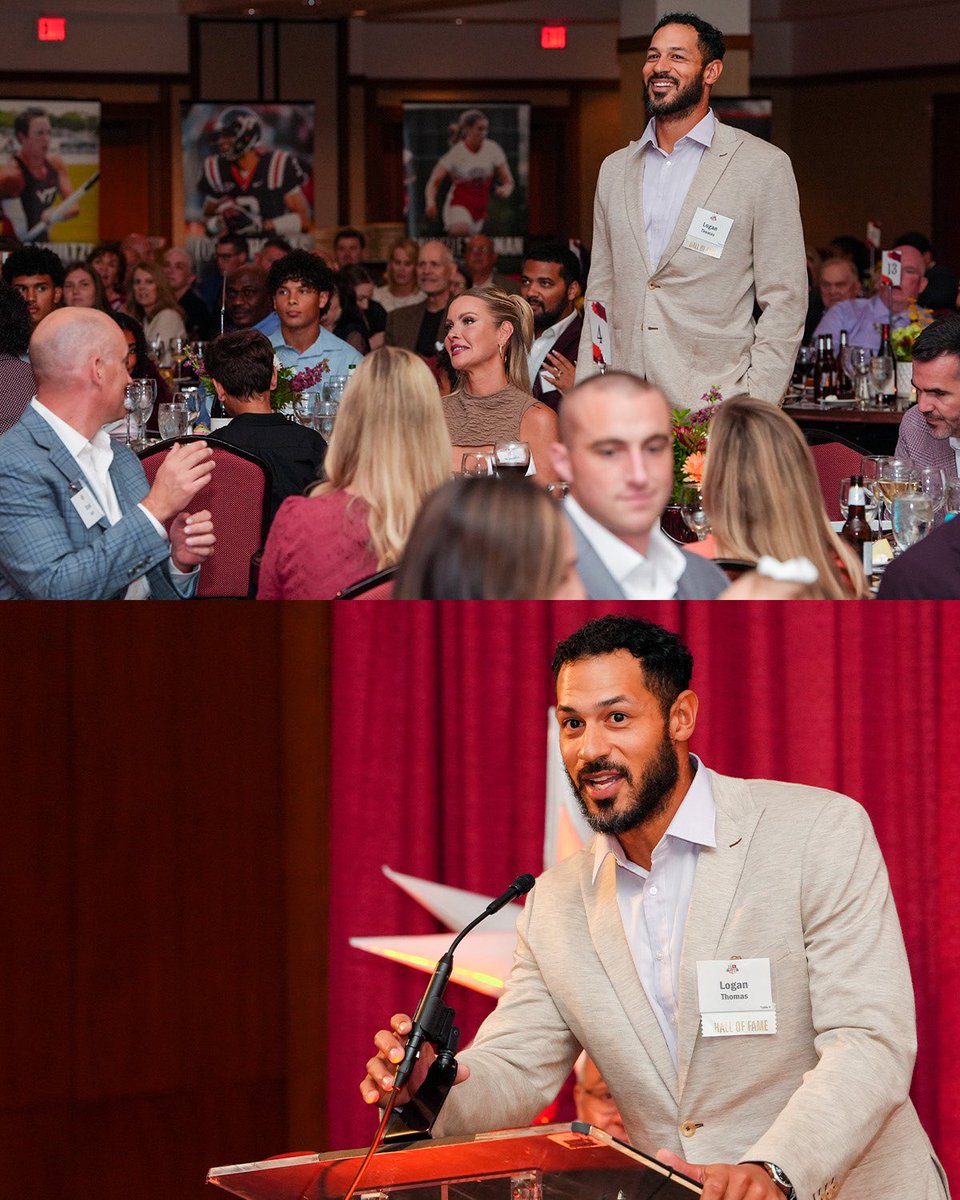 HokiesFB's tweet photo. Welcome back @LoganThomasSr_6 !! 

A career worth celebrating! Congrats on your induction into the Virginia Tech Sports Hall of Fame 👏

#LetsGoHokies https://t.co/y8W47BsxXQ