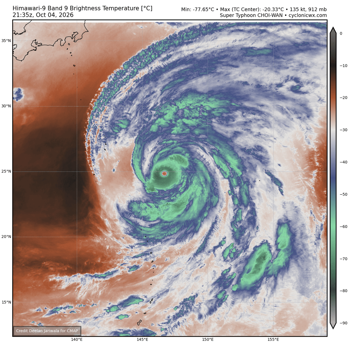 eyewallwx's tweet photo. #Typhoon #Choiwan has proved it self to be a very resilient cyclone. Despite the environment (southerly vector aligned shear, large size of the TC) favoring EWRCs, secondary eyewall formation has not occurred due to repeated dry air intrusions, which end up shielding the core! https://t.co/REMzuwdhmQ