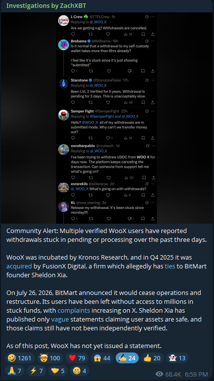 notaadvice's tweet photo. Zach posted about this incident on his Telegram weeks ago, and the @_WOO_X  team doesn't care about people's funds.

They just keep copy-pasting the same words: "We are looking into it," blah blah.

The whole @_WOO_X team is fraudulent, and they are going to shut down soon. https://t.co/Dy8PXSLrLP