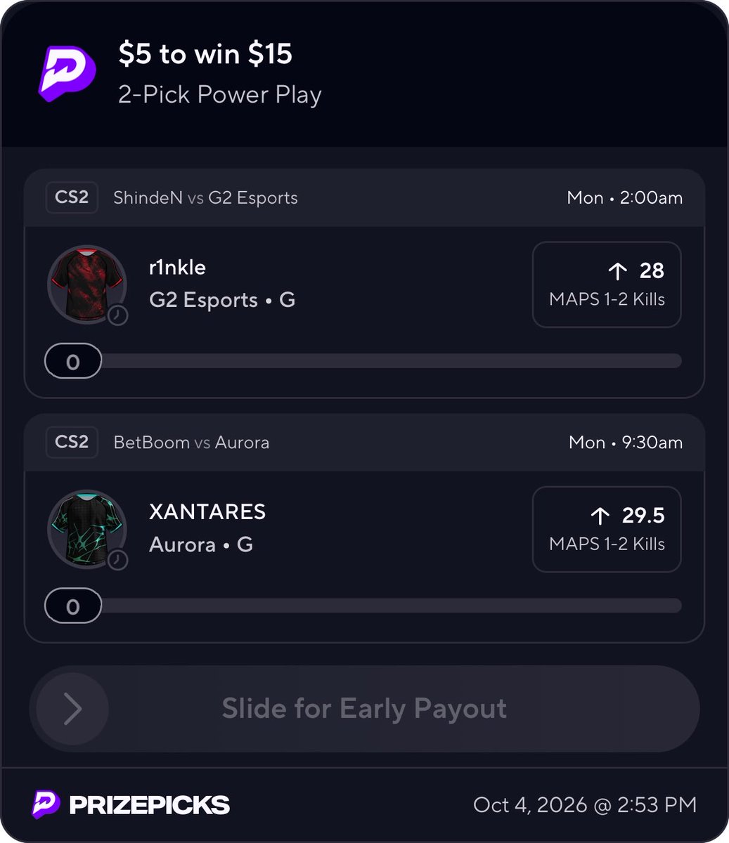 Om_cs2's tweet photo. CS2 Prizepicks Slip 👾🌊
G2 should 2-0 and Xantares line is too low imo, line was 28.5 against falcons who are way better.
❤️ if tailing!
#cs2 #cs2prizepicks #prizepicks #underdog #parlayplay #esports #Gambling𝕏 https://t.co/799rYGGKH3