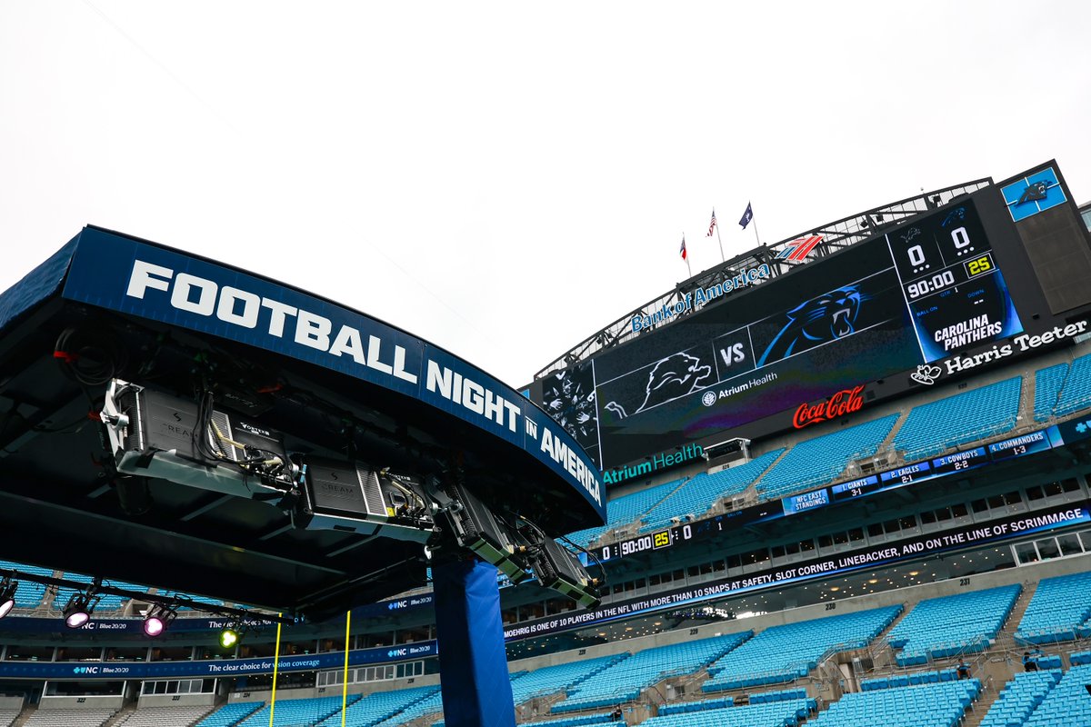 charlottevibe's tweet photo. The stage is set in Charlotte. Sunday Night Football is back at Bank of America Stadium for the first time in 10 years as a banged-up Panthers team gets the Lions under the lights. We’re here early and on the field bringing you the action, emotion and moments that tell the story. Stay locked in. 
Staff Photo: Patrick Schneider
#DETvsCAR #KeepPounding