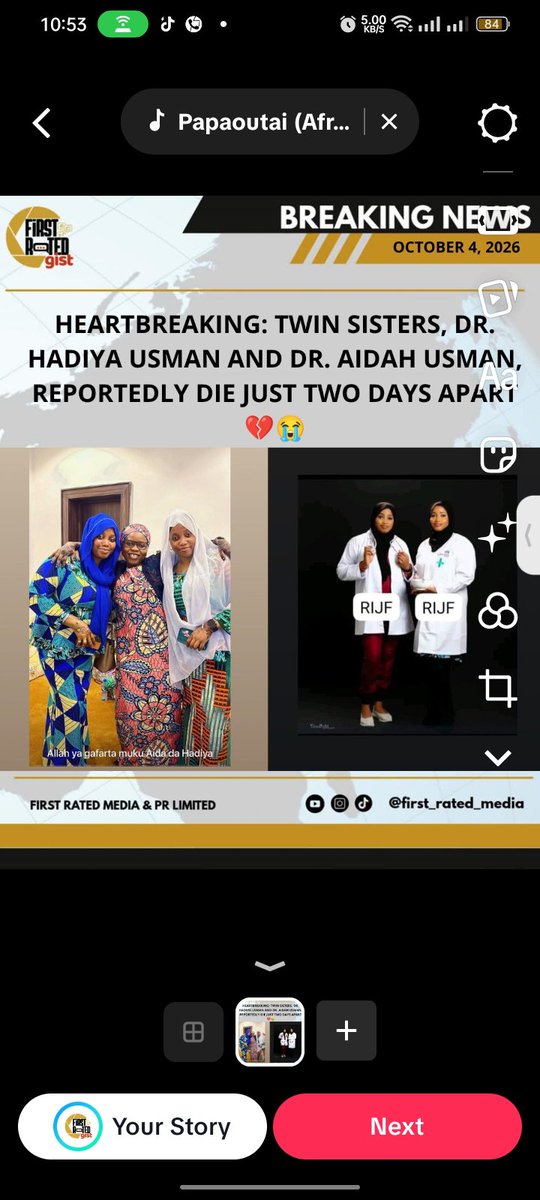 FIRSTRATEDgist's tweet photo. HEARTBREAKING: TWIN SISTERS, DR. HADIYA USMAN AND DR. AIDAH USMAN, REPORTEDLY DIE JUST TWO DAYS APART 💔😭

A heartbreaking tragedy has left family, friends and loved ones mourning after twin sisters, Dr. Hadiya Usman and Dr. Aidah Usman, were reportedly said to have passed away just two days apart.

According to the report shared by Hausaroom_, Dr. Hadiya passed away on Friday, while her twin sister, Dr. Aidah, reportedly died on Sunday.

The heartbreaking timing of their deaths has left many people deeply emotional, with tributes pouring in for the sisters and prayers being offered for their family during what must be an incredibly painful period.

May Allah forgive their shortcomings, grant them Jannatul Firdaus and give their loved ones the strength and patience to bear this devastating loss. Ameen. 🤲💔

DISCLAIMER: The deaths and circumstances reported above are based on the social-media post shown in the supplied image and have not been independently verified by First Rated Gist.

#Nigeria #Naija #Trending #Viral #Entertainment #FirstRatedGist #BreakingNews #SadNews #Heartbreaking #RIP #TwinSisters #DrHadiyaUsman #DrAidahUsman #Condolences #MuslimCommunity #JannatulFirdaus #Tributes #Family #Loss #MayTheyRestInPeace