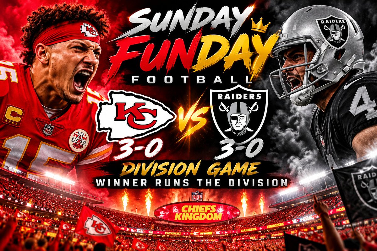 Keed816's tweet photo. SUNDAY FUNDAY! 🏈🔥
CHIEFS vs. RAIDERS.
3-0 vs. 3-0.
DIVISION GAME. 😤
CHIEFS KINGDOM ALL DAY! ❤️💛
Time to remind the Raiders who run this division.
HOW WE FEELING, KINGDOM?! 🗣️
#ChiefsKingdom #Chiefs #KCChiefs #AFCWest #SundayFunday https://t.co/xreLwNkv1A