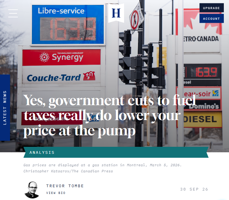 iedm_montreal's tweet photo. As our senior fellow Trevor Tombe writes in The Hub, the evidence is clear: fuel tax cuts are passed on to consumers, roughly in full. Cutting fuel taxes lowers prices at the pump and leaves more money in Canadians’ pockets. #cdnpoli #GasTax
https://t.co/Hxi1aOFo4Y https://t.co/9eIK1hmwmr