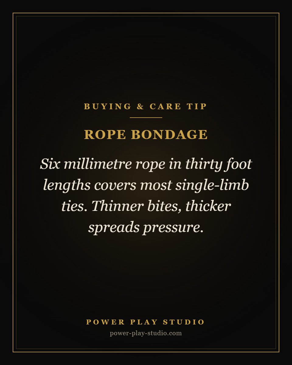 SirMaster1159's tweet photo. Rope bondage comes down to length and diameter. Six millimetre rope in thirty foot lengths covers most single-limb ties.
https://t.co/mEhIaFSEYt

#BDSM #fetish #shibari https://t.co/KyW8JcDmRM