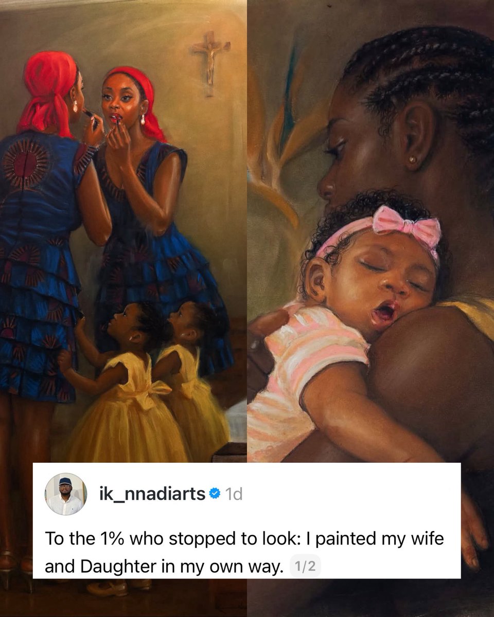 poweredculture's tweet photo. A Black artist is going viral for the beautiful paintings he created of his wife and daughter. 🥹❤️ https://t.co/hWQRnXhly8