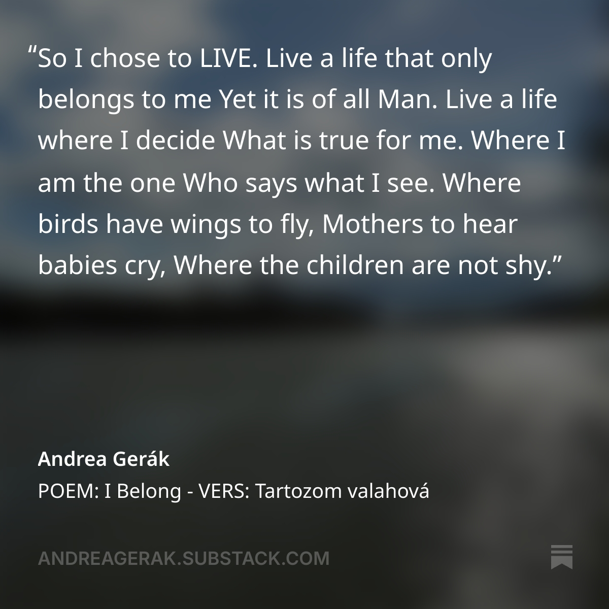 AndreaGerak's tweet photo. ✍️🖊️#vers vasárnapra, #poem for Sunday

TARTOZOM VALAHOVÁ - I BELONG
👉https://t.co/dV9rtTRjbW

#GerákAndrea #AndreaGerak #poetry https://t.co/saqmQi7eVX