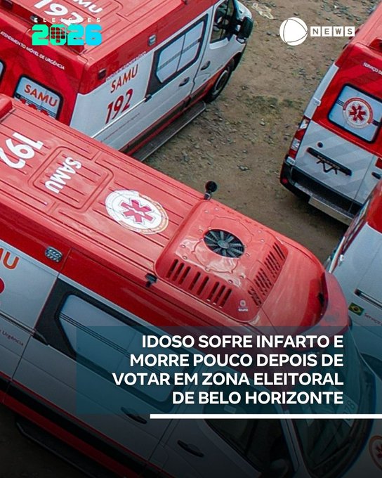 An aerial view of red and white SAMU ambulances parked on dirt, overlaid with 'G1 NEWS' text and a headline in Portuguese: 'IDOSO SOFRE INFARTO E MORRE POUCO DEPOIS DE VOTAR EM ZONA ELEITORAL DE BELO HORIZONTE'.