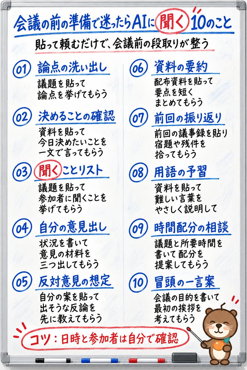 happyhyelim's tweet photo. 「会議の準備って、自分で考えるものだと思ってた」
AIに頼めるのは、論点出しや反対意見の想定、冒頭の一言まで。
資料を貼ってひと言頼むだけです。
会議前に聞く10のことを、図解1枚にしました。🦦 https://t.co/ckspZBZbRW