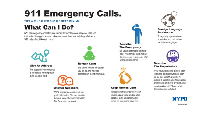 NYPD62Pct's tweet photo. When you call 911, there are some things that are crucial to tell the operator:

🚨 Take a deep breath, remain calm
🚨 Give your address
🚨 Describe the emergency
🚨 Describe the perpetrators
🚨 Answer questions
🚨 Keep your phone near you https://t.co/9ESscSTzCa