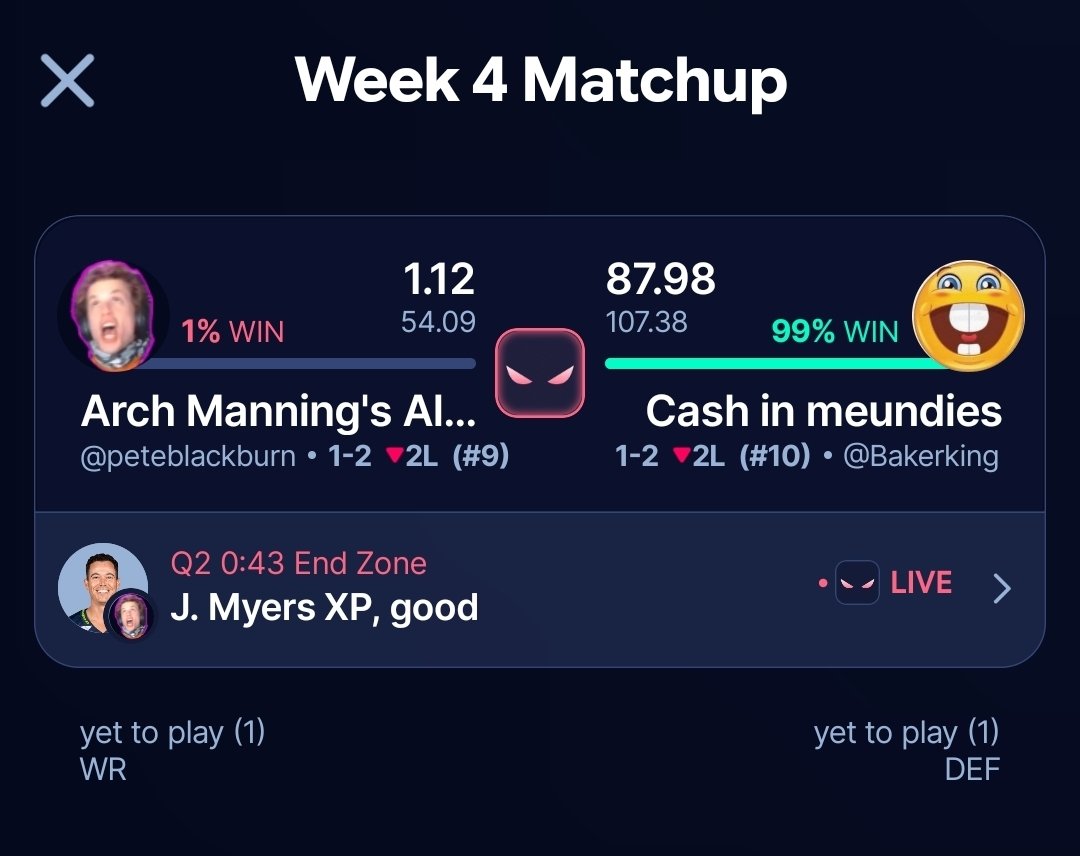 CommonSenseSam's tweet photo. The THIRD missed XP (worth -50 pts) of the 2026-27 PepegaMega Fantasy Football season goes to... @PeteBlackburn!

This is Jason Myers and Pete's first (1) missed XP of the season. https://t.co/WDYRjA0jWW