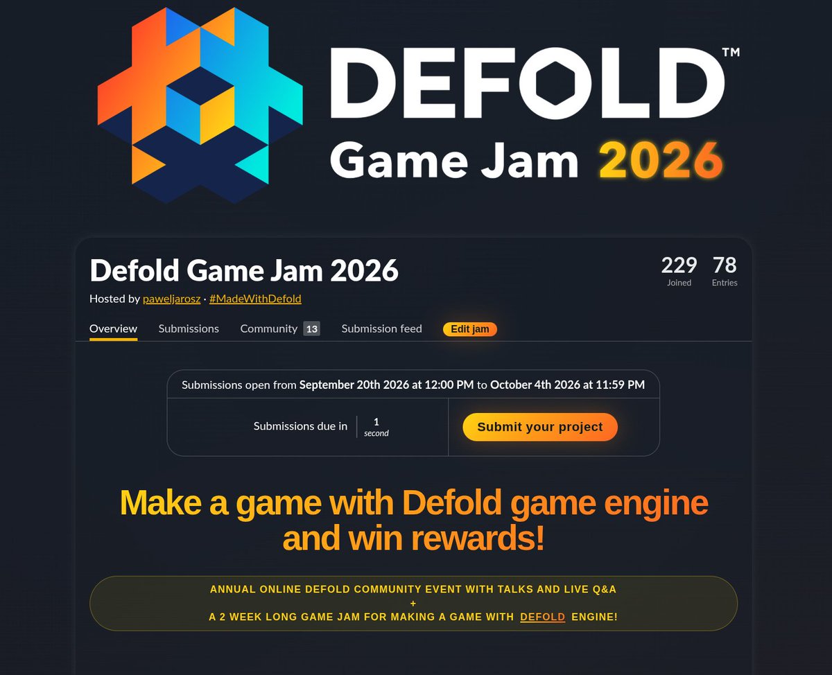 defold's tweet photo. And that's it!
229 people joined our #DefoldGameJam
78 submitted a game #MadeWithDefold
Congratulations to all the participants and thank you very much for joining our (biggest so far!) game jam! 🧡💙 https://t.co/heGjfMAUYl