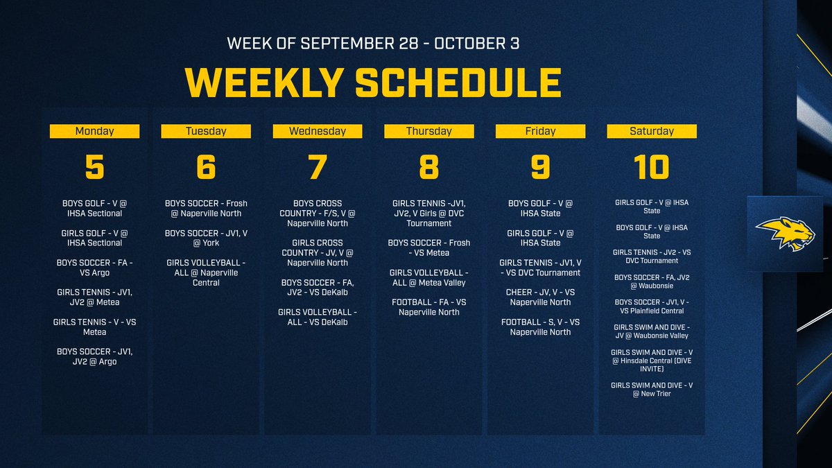 NeuquaAthletics's tweet photo. Here's what's happening this week! Girls Tennis begins their post-season with the DVC tournament. Girls' and boys' golf will be represented at Sectionals as well, with a chance at State on the line. Good luck to all those competing! #alwaysforward https://t.co/bZYKmnOl65