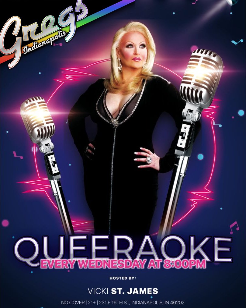 GregsOurPlace's tweet photo. WEDNESDAY!

Vicki St. James joins us at 8:00pm to host Queeraoke! https://t.co/1wqLaPS9tA