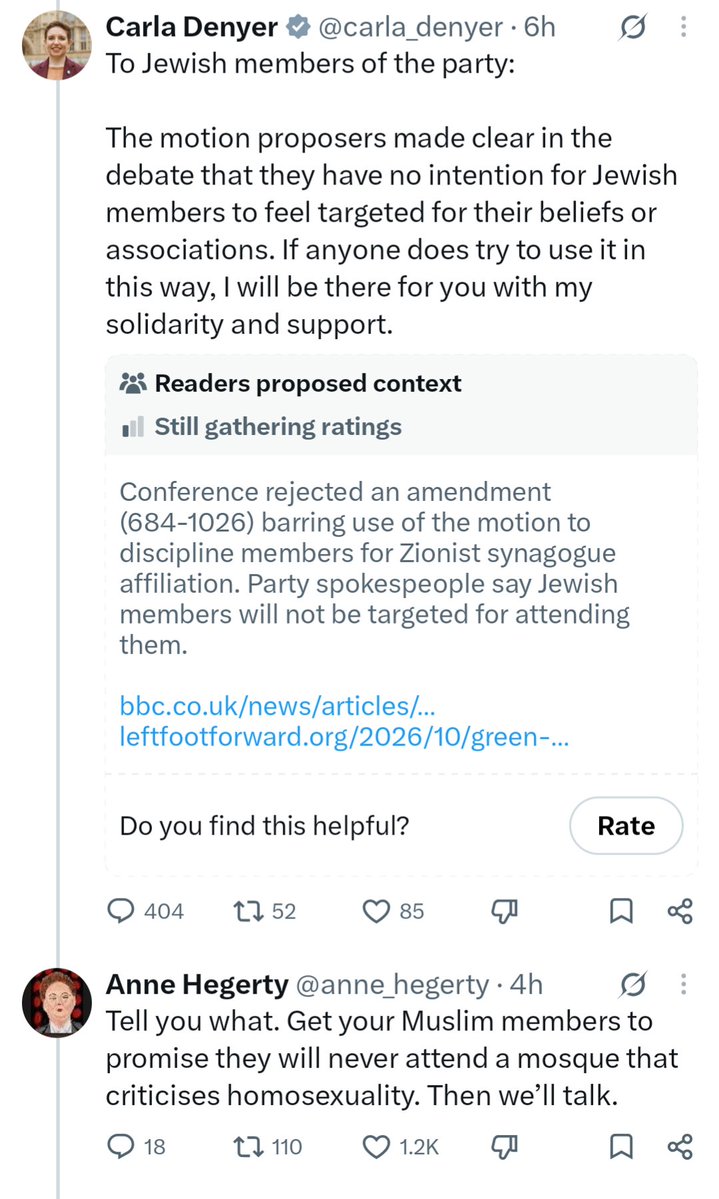 TheMercianNews's tweet photo. 🚨NEW: ITV Chaser "The Governess" Anne Hegerty says The Green Party should make muslim members commit to never attending mosques that preach anti-homosexuality views, following the "Zionism is racism" vote that included Jews that attend pro-zionist synagogues. https://t.co/VUiB86mgPZ