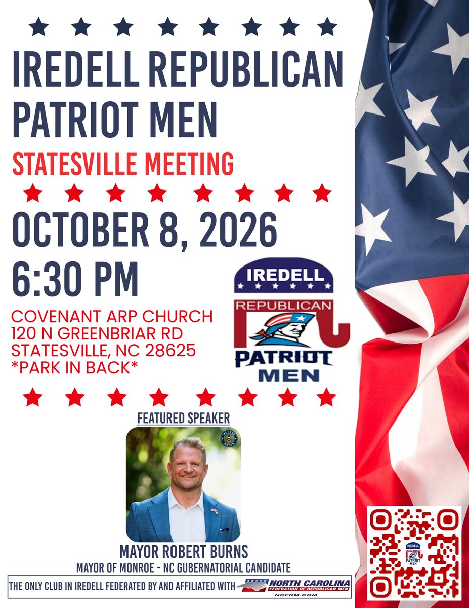 IredellGOPMen's tweet photo. Looking forward to hosting gubinitorial candidate Robert Burns on Thursday night @NCGOP @ncpol @MargoinWNC https://t.co/EnEVqCGRdV
