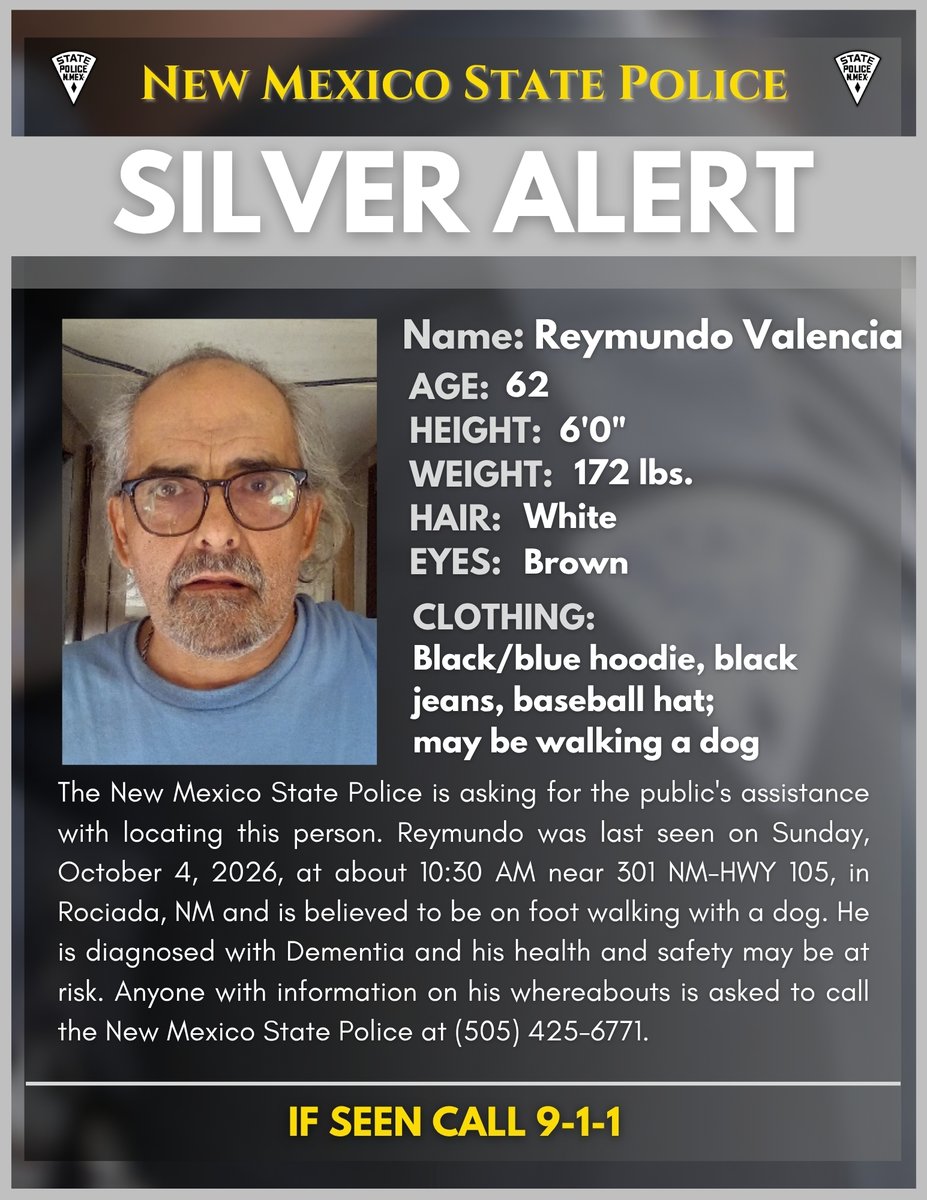 NMStatePolice's tweet photo. Silver Alert - New Mexico State Police (Mora County) https://t.co/drbcJm1jfq