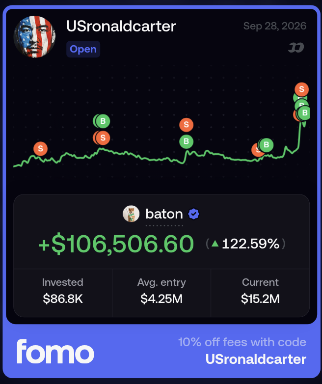 USronaldcarter's tweet photo. First $SI. Now $BATON.

I buy the easiest plays while people keep overthinking them.

$SI was an easy call.
$BATON was an easy call.

I wait for the market to hand me the next opportunity.
Then I size in and take my profits.

Been a good week so ima give away $500 to 5 random followers who comments