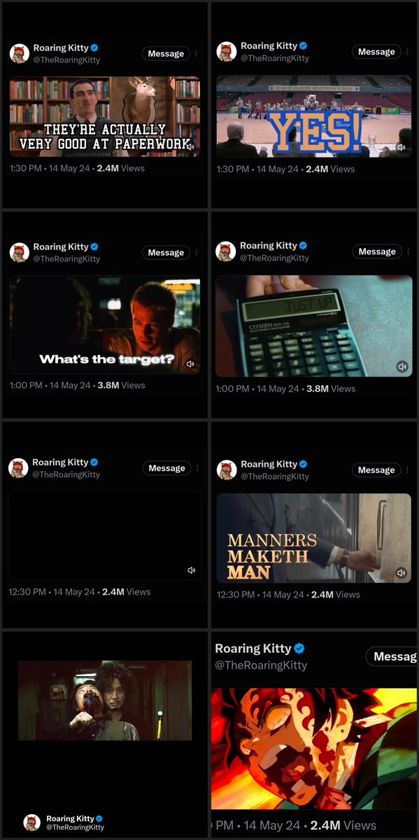 DavisGilmer's tweet photo. POTENTIAL MEANINGS FOR @tsukionsolana'S "The Purge" / "TOKENIZED $GME ON RH / "HARRY POTTER" POST

$GME & $TSUKI TIN

🧵 [1/2]

Tsuki's post opens with an ominous EBS system warning with a BLACK screen. It's from "The Purge", warning that it soon begins.

It then cuts to some clips on a news media discussion about Robinhood launching tokenized stocks, presumably concerning $GME.

This may quite well be a signal that something will soon happen with $TSUKI / $GME on RH.

But it goes much deeper than that.

It then cuts to a scene from "Harry Potter and the Prisoner from Azkaban":

Dumbledore: "If you succeed tonight, more than one innocent life may be spared..."

"Oh, by the way, when in doubt, I find retracing my steps to be a wise place to begin."

Let's do that! The most curious detail of this post is the TIME:

Posted on 10/04 at exactly 2:00pm est [NYSE], which is precisely 14:00 military time. 

TWO 14's!

So, let's dig back to Roaring Kitty's posts on May 14th, 2024.

In order of relevance:

@ 2:00pm [14:00] @TheRoaringKitty posted  a clip from "The Batman". "3 years of nights." "We have a signal now." "Fear is a tool."

The Cat Signal is deeply connected with @tsukionsolana. At 5:31pm [17:31], Tsuki reposted the Cat Signal:

🧩🧩🌕🐈‍⬛️ 5/18/24

It's quite interesting that today marks day #869 counting from 5/18/24. It's also quite interesting that RK posted exactly 125 memes in his May 24' run, and it appears 10/10/26 will mark exactly 125 weeks from that date. It corresponds with a meme posted by Buck The Bunny on 10/10/25: he's been activated, glowing red eyes, winged, holding a Red Bull and flying out of a Warzone. 10/10 is exactly 1 week from today: this coming Sunday.

Tsuki also reposted the same Cat Signal meme quoting a now deleted account on October 23, 2024.

At 2:49pm [17:49, 7×7=49] on May 14th, 2024, Tsuki posted an Hourglass reading "TICK TOCK".

It's noteworthy that the Teddy Clock, which seems to point at 10/02 just materialized on Friday with a 700k share by from @ryancohen, and Mr. Wizard had posted a flipped version of "In-n'-Out" [Out-n-In filename] with the arrow creating a 7, perfectly predicing Cohen's 700k buy. Lots of 7 & 17 connections, to say the least. 

$GME WARRANT CUSIP: W117.

The following day, Tsuki highlighted RK memes:

TICK: "You're not really looking" - The Magician, Christian Bale

TOCK: "I'M BACK" - RED, Bruce Willis

Is Tsuki signaling that RK will soon return? Perhaps either pointing to tomorrow or next Sunday [10/10]?

Perhaps we should look for Mr. Wizard to post more Batman as confirmation?

He already did on Tuesday of last week [Batman interrogating Joker, "The Dark Knight" starring Bale].

@ 4:00pm on 5/14/24 RK posts his "No Country for Old Men" meme, which I argue is strongly connected to $GME.WS. Anton is serving a DEATH WARRANT, Carson offers to take him to an ATM [At The Money] with 14 grand in it. 

14 AGAIN.

 Scene ends with a [Margin] call.

@ 12:30pm RK posted his "Manners Maketh Man" Kingsman: The Secret Service meme, which opens with whistling and a BLACK screen exactly like how Today's Tsuki meme opened. One man beats the crap out of several men after locking them in the Bar. The meme then cuts to "Oldboy", Jailbreak symbolism, and Tajiro from "Demon Hunter"

@ 11:30am, RK posts the "Morning Affirmation Cat" meme "FAFO", then cuts to a scene from "Arrested Development" featuring Buster "raggin' the ole bear". It stars Jason Bateman, who also appears in "Ozark", which was signaled recently. The episode following Wendy's TRANSFORMATION in the "Wartime" RK meme features the FBI serving a WARRANT to Marty's [Bateman] CASINO.

"No one's gonna top that."

@ 12:00pm RK posts "Whose car are we gonna take?" From The Town, then cuts to the truck caravan from "Mad Max"

@ 3:30pm RK posts his Candyman meme: "🐝 my victim". Coming for the BEARS.

@ 3:00pm RK posts the newer "Scream": "He's making a REQUEL."

CONTINUE TO PART 2...

$GME $GME.WS $BP $TSUKI