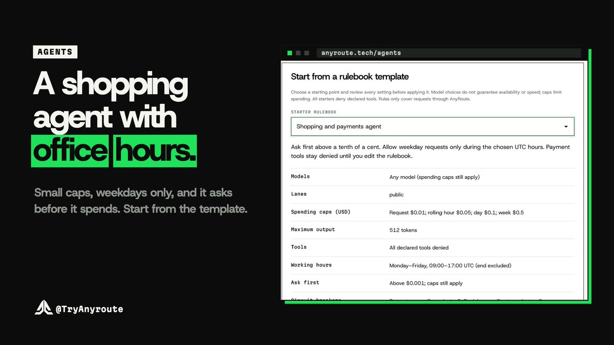 TryAnyroute's tweet photo. Want an agent that can shop for you without spending freely?

The “Shopping and payments” starter rulebook gives it small spending limits, weekday working hours, and requires your approval for anything above $0.001.

Review every setting before applying it.

https://t.co/COrkbhazZb