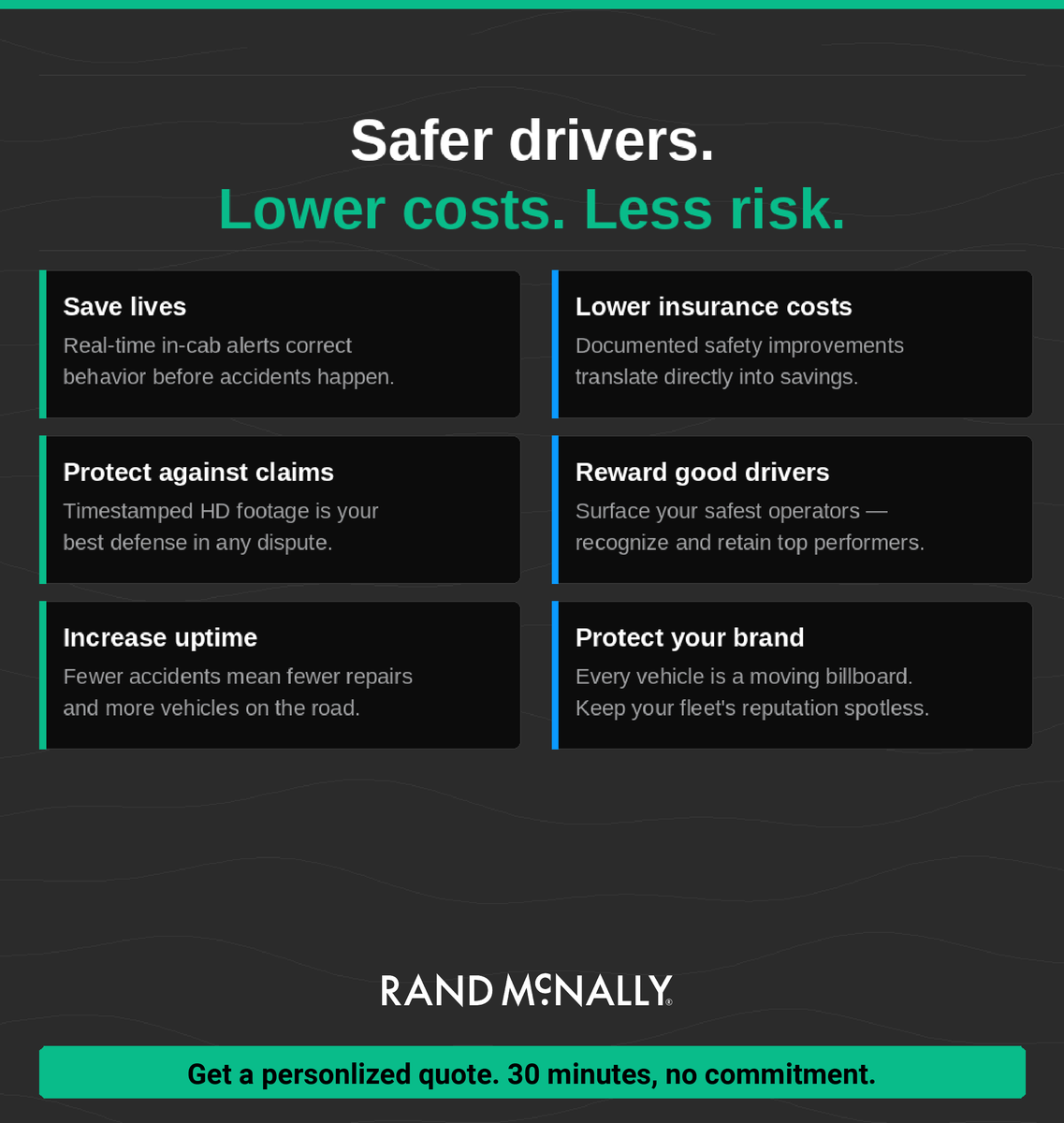 randmcnally's tweet photo. Safer drivers. Lower premiums. Fewer repairs. Less downtime.
Get a custom quote in under 30 minutes. No commitment.
π https://t.co/bSehdGlrtw
#FleetROI #InsuranceSavings #FleetSafety #VideoTelematics #SmartFleets #RandMcNally https://t.co/6pwN45emBL