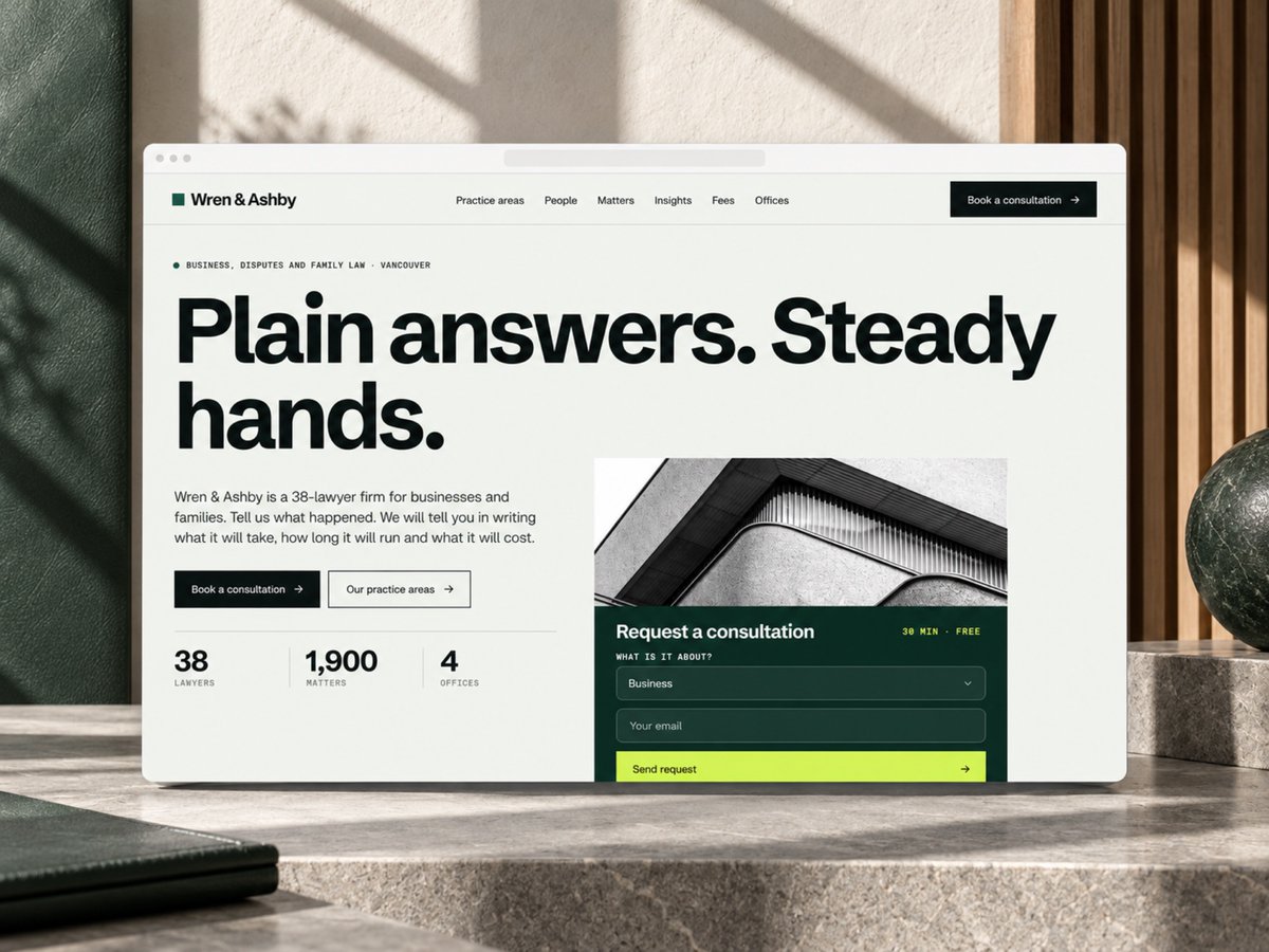 JohnNicholsonIO's tweet photo. Chamberwell, my Framer template for law firms.

Big, direct type. Deep green and lime accents. A consultation card, practice directory and people pages.

The fictional Wren &amp; Ashby demo:
https://t.co/JXgDy652XT

#Framer #WebDesign https://t.co/Q2Jm39YWHp