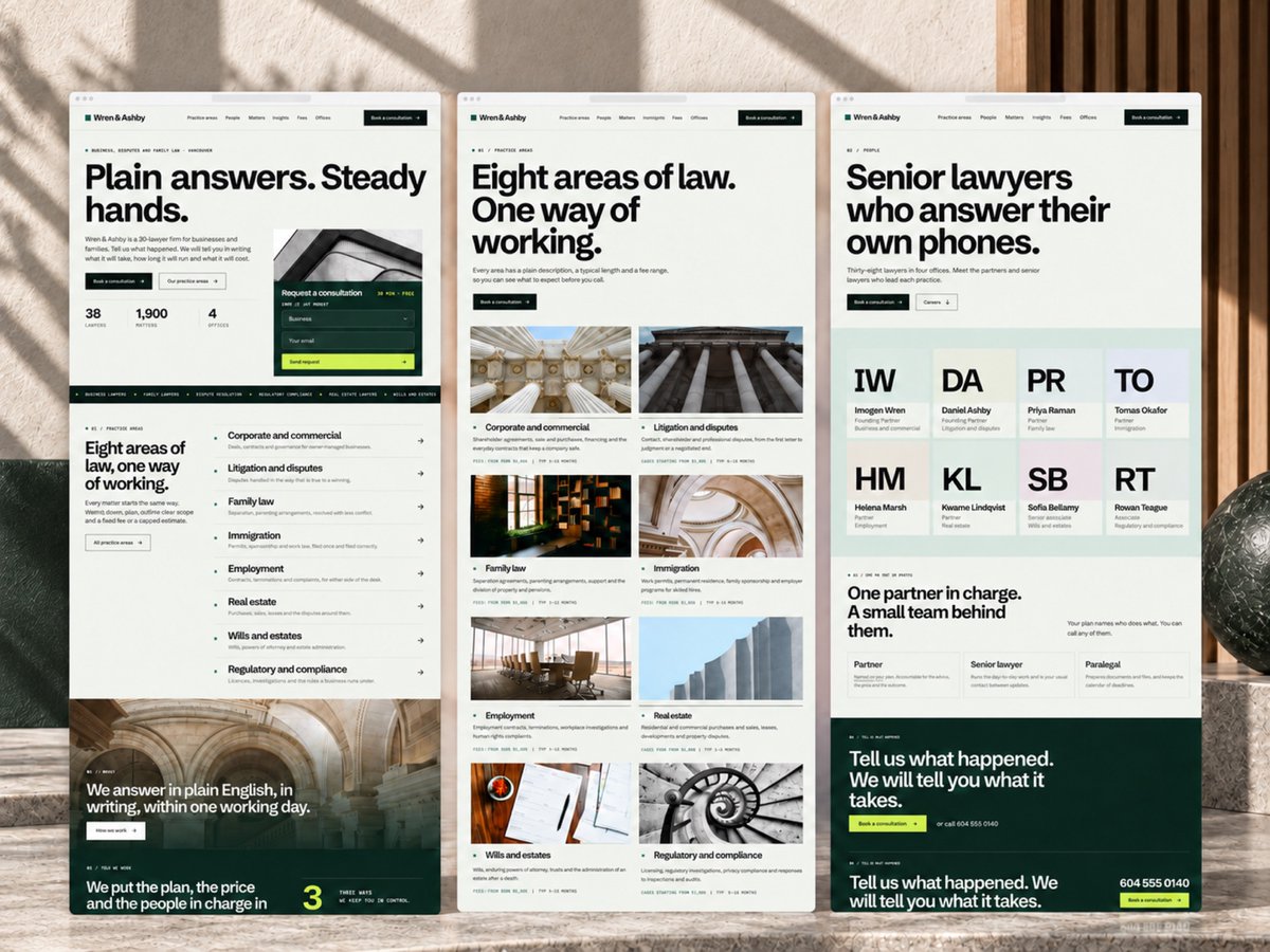 JohnNicholsonIO's tweet photo. Chamberwell, my Framer template for law firms.

Big, direct type. Deep green and lime accents. A consultation card, practice directory and people pages.

The fictional Wren &amp; Ashby demo:
https://t.co/JXgDy652XT

#Framer #WebDesign https://t.co/Q2Jm39YWHp