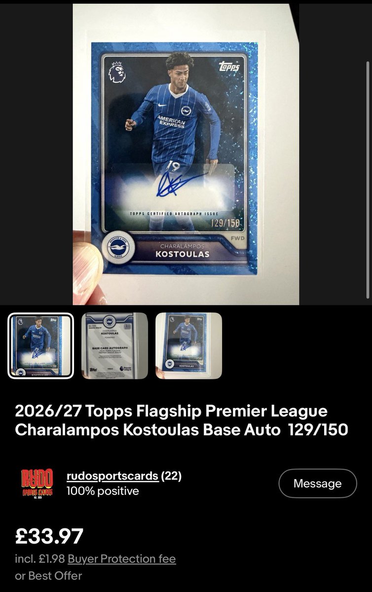 RudoSportsCards's tweet photo. MY FIRST EBAY SALE!

I was lucky to pull TWO of the same autographed card from Topps Premier League. Both were from the same limited run of 150. I have kept 029/150 and put 129/150 up for sale.

After Kostoulas’ great start to the season for Brighton, someone bought the card! https://t.co/Keli8lRM0i