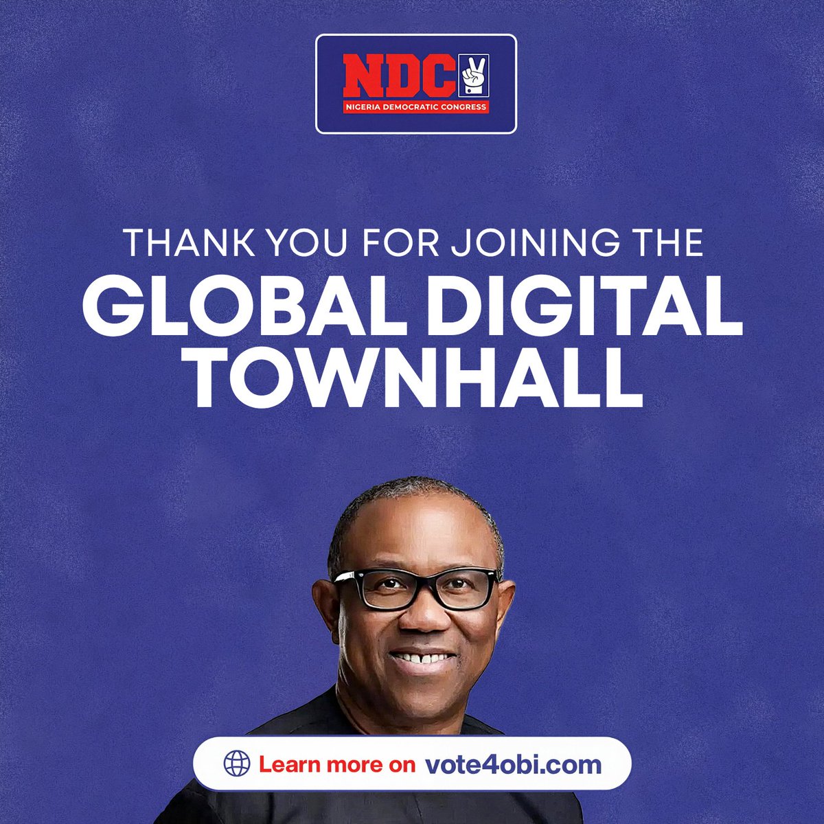 Vote4OK2027's tweet photo. Thank you for joining the Global Digital Townhall. 🇳🇬

You showed up, you listened, and you asked the questions that matter. The conversation does not end here. It continues on election day.

Here's how you carry it forward:
- Sign up on the platform at https://t.co/B8S1cODhAd

Together we will make Nigeria OK✌️

#NDC #Vote4Obi #OneNigeria #MyTwentyVotersForObiKwankwaso #NigeriaWillbeOK