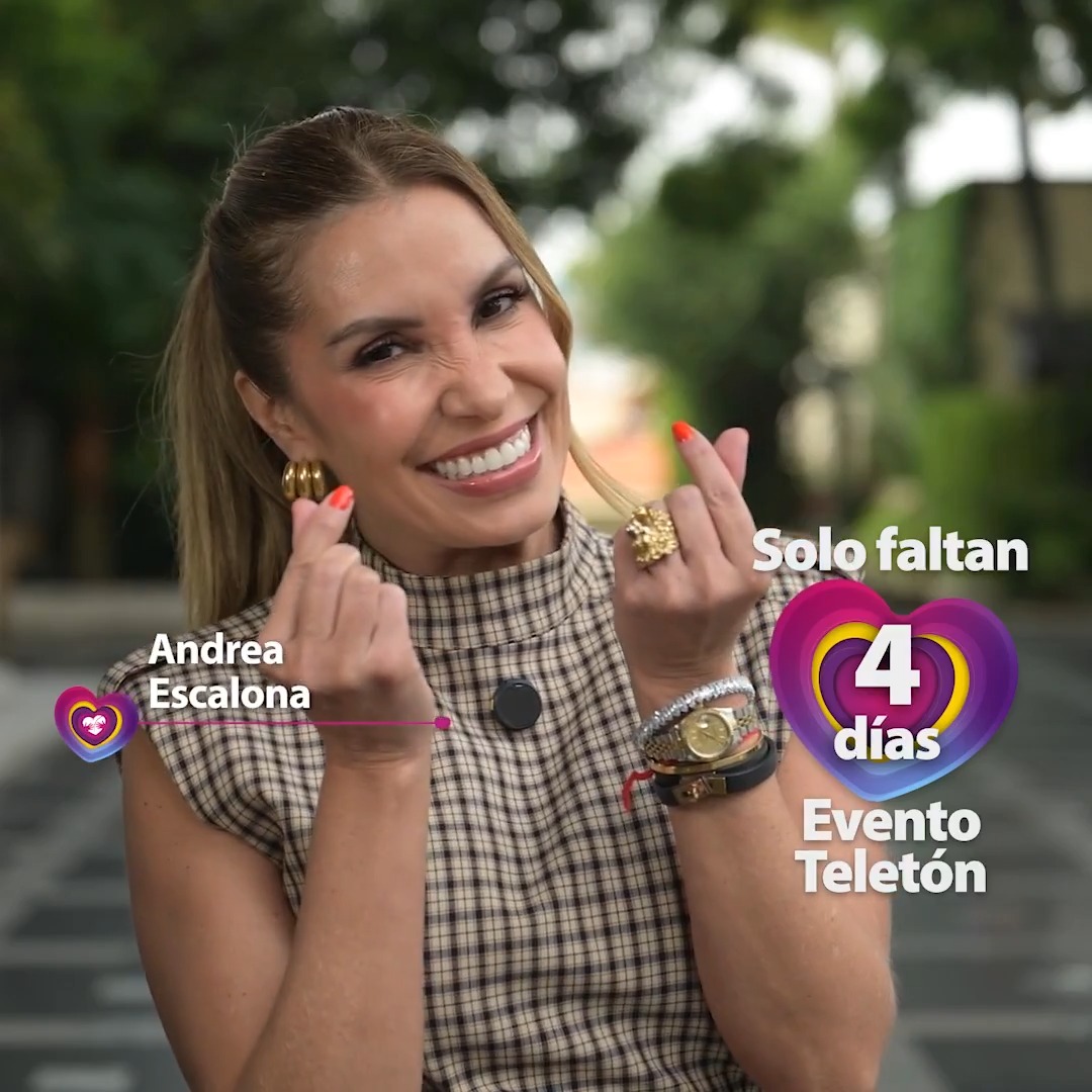Andrea Escalona smiles and holds up her fingers in a promotional graphic that reads 'Solo faltan 4 días' to the 'Evento Teletón'.