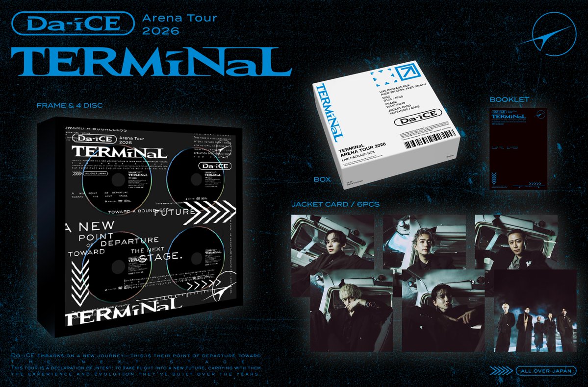 Da_iCE_STAFF's tweet photo. 【お知らせ】
2026年11月4日(水)発売
LIVE DVD/Blu-ray『Da-iCE ARENA TOUR 2026  -TERMiNaL-』
展開図＆全形態ジャケ写&特典デザイン解禁！
https://t.co/C6WymfDSX4

初回生産限定盤は、アルバム『TERMiNaL』と共に『Da-iCE ARENA TOUR 2026 -TERMiNaL-』という旅を経て、旅の思い出を残した映像DISC4枚が、アクリル面に施されたアセットデザインと一体になったフォトフレーム仕様！

▼ご予約はこちら
https://t.co/zqjbik8Fvf

#TERMiNaL #Da_iCE