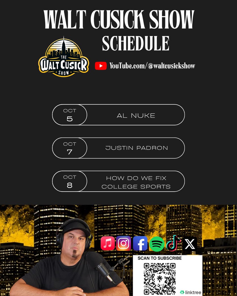 WaltCusickShow's tweet photo. This weeks show Episodes 
Monday - Al Nuke - Director,Actor,Manager 
Wednesday- Justin Padron Producer 
Thursday- How Do We Fix College Sports? https://t.co/YpkSbnC1jE