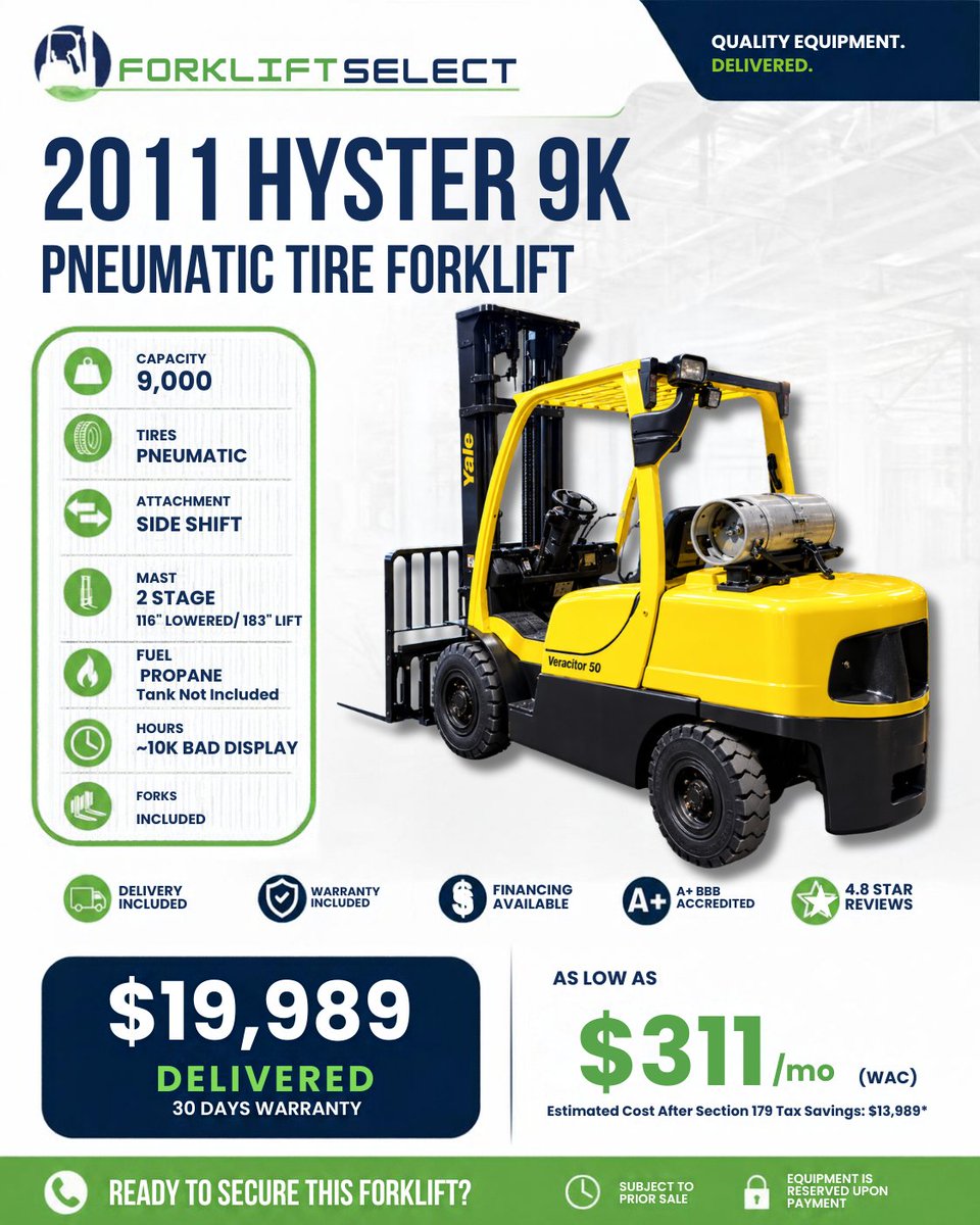 Forklift_Select's tweet photo. Need 9K of lifting power? 💪 The 2011 Hyster 9K Pneumatic Tire Forklift is ready to work. Delivery + warranty included. Need a different lift? We’ve got options. DM Forklift Select today! 🚜  #ForkliftSelect https://t.co/dtRcp5NkB7