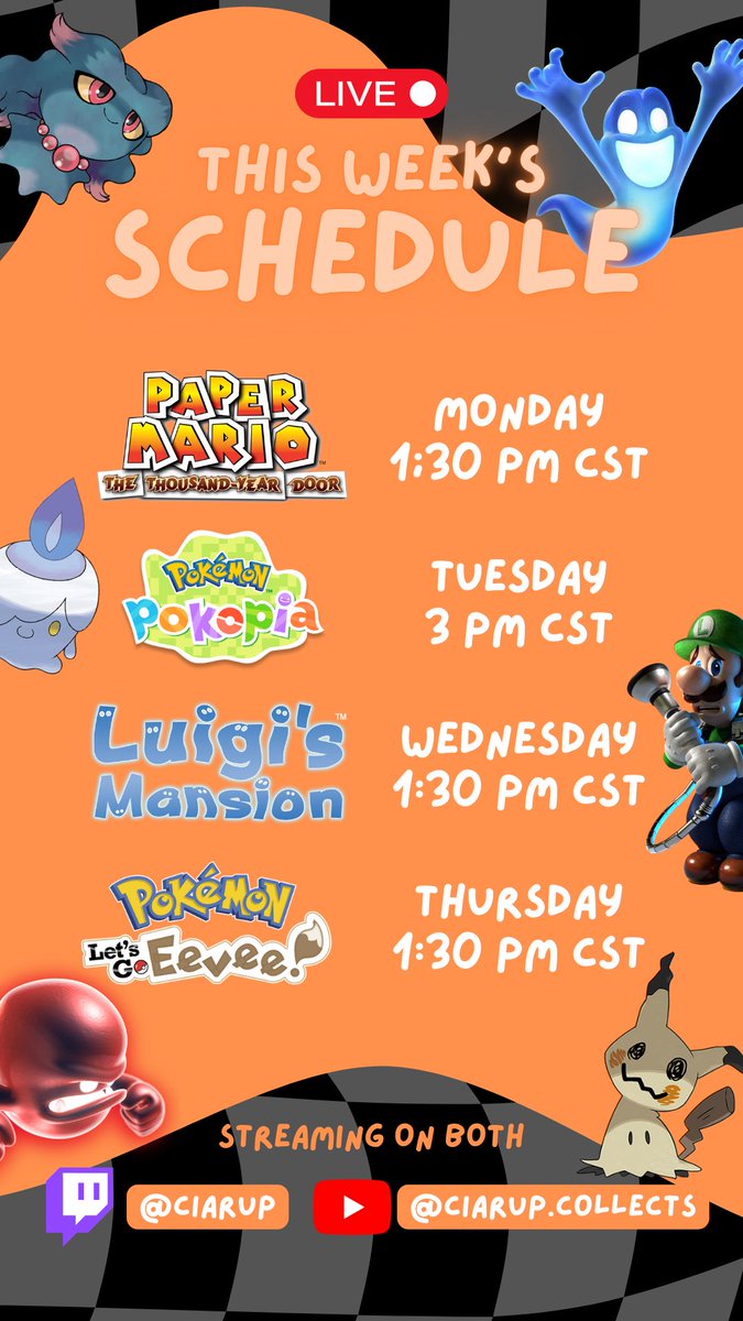 ciarupcollects's tweet photo. My stream schedule for the week!! Spooky builds in Pokopia and some Luigi’s Mansion to kick of spooky month 👻👻 ..my level of spooky 🫣🙂‍↕️ https://t.co/TCZmqw8Mck
