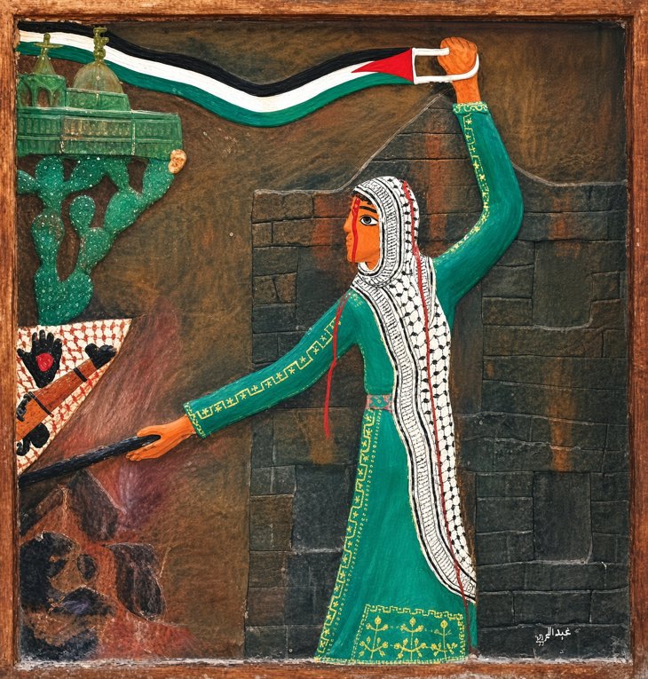 Boudicca61AD's tweet photo. Artwork "The Martyr Raja’a Abu Amasheh (Al-Shaheeda Raja’a Abu Amasheh), 1976."by Palestinian artist Abdul Hay Mosallam Zarara. It is acrylic over a sawdust-and-glue relief on wood.

It memorializes Raja Abu ‘Amasha (also spelled Raja’a Abu Amasheh), born in 1938 in Salama near Jaffa. After the 1948 displacement she lived as a refugee in Aqabat Jaber camp near Jericho, finished school in Jerusalem, and was active in student and women’s organizing. In 1955 she led a protest in Jerusalem against the Baghdad Pact and was killed; she is remembered as one of the earliest female martyrs of the Palestinian student movement. Zarara’s panel, made about two decades later, turns that biography into an icon: embroidered dress and keffiyeh for cultural continuity, flag and weapon for armed and political struggle, blood for the cost.