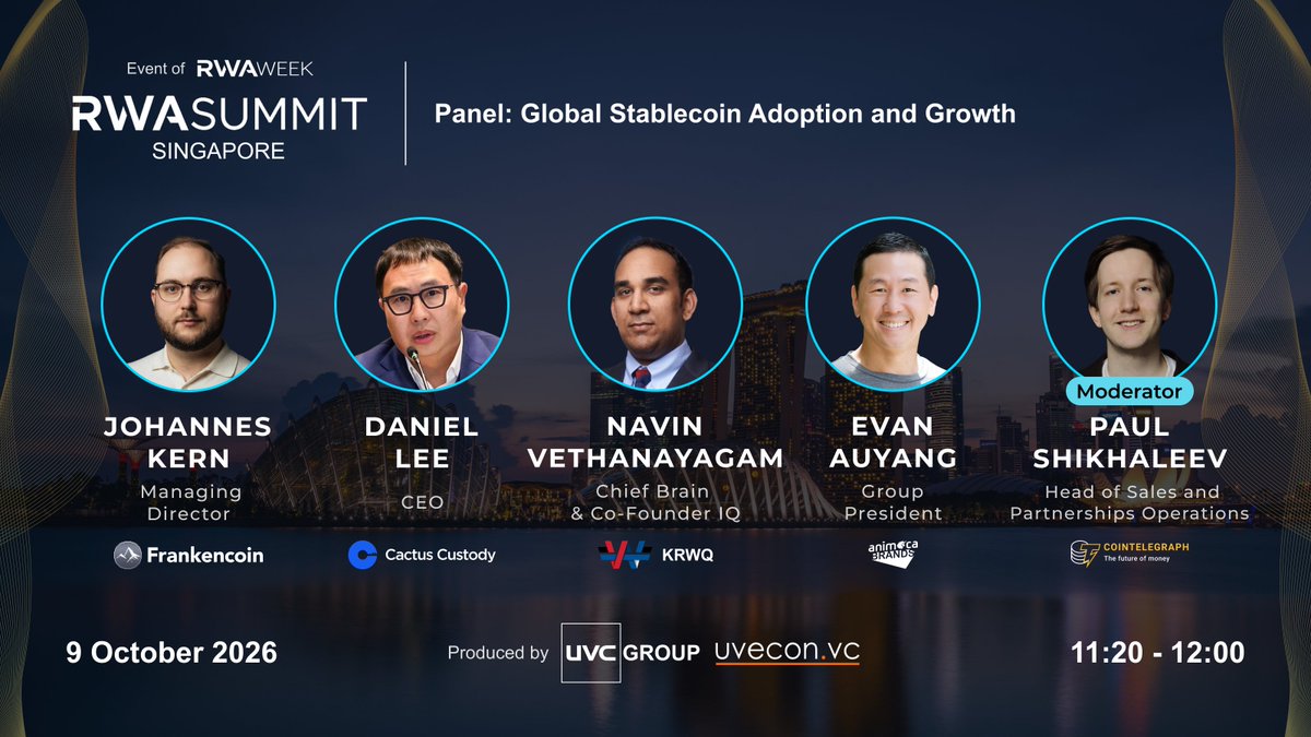 rwasummitglobal's tweet photo. Panel Announcement:  Global Stablecoin Adoption and Growth at @rwasummitglobal  SINGAPORE 🇸🇬

Featured Speakers:  

• Johannes Kern - Managing Director at @frankencoinzchf 
• Daniel Lee - CEO at @CactusCustody 
• Navin Vethanayagam - Chief Brain & Co-Founder @iqwiki at @KrwqCash 
• Evan Auyang - Group President at @animocabrands 
• Moderator: Paul Shikhaleev - Head of Sales and Partnerships Operations at @Cointelegraph  

They will explore:  

• The evolution of decentralized and fiat-backed stablecoin infrastructure across global markets 
• Institutional custody, regulatory compliance, and cross-border payment integration 
• Scaling stablecoin liquidity to drive real-world asset settlement and consumer adoption  

Details:  
• When: 9 October 2026 | 11:20 - 12:00 SGT
• Where: Marina One, 5 Straits View (5-min walk from Marina Bay Sands)  

👉 Register now to hear insights from our speakers: https://t.co/lof4x0id9q 

✍️ @rwasummitglobal Strategic Partners: @LynxcapDeFi | @dydxfoundation | @investax | @IxsFinance | @TheoriqAI | https://t.co/mnDbgbxcDb | @pharos_network

 🤝 @tokenisedglobal VIP Summit Co-host: @TRMLabs 

🙌  THE DEALFLOW Co-host: https://t.co/qCBFDaWRxH 

 •  Powered By: @UveconVC | @rwaweek series production  •