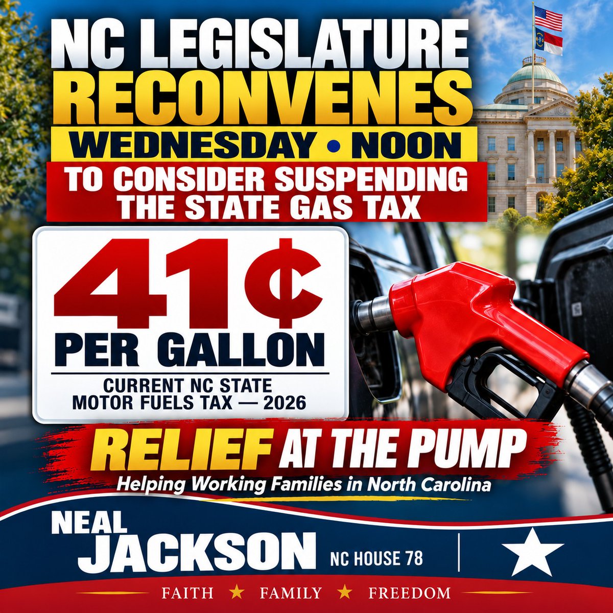 RepNealJackson's tweet photo. 41¢ A GALLON. LET’S GIVE IT BACK TO THE PEOPLE.
The NC House reconvenes Wednesday at noon to consider suspending the state gas tax.
It’s time for relief at the pump!
#NCGA #ReliefAtThePump #NC78 https://t.co/BizgunXGR9