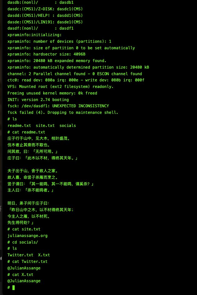 NebraskaRipple's tweet photo. @JulianAssange "Hi Julian! Just wanted to say hello and that your website puzzle was really fun. Loved how you paired the Zhuangzi paradox with the IBM mainframe. Nice touch looking behind the ?view=files curtain. Cheers from France! 🌲🪿" https://t.co/yczespT6zg