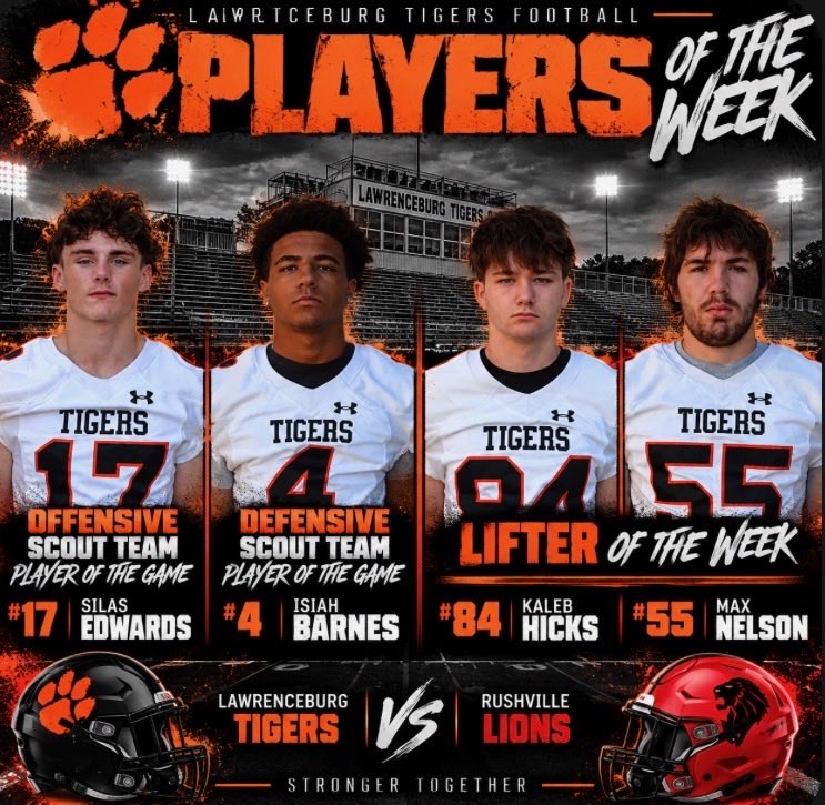 LBurgFootball's tweet photo. A dominant Week 7 performance deserves to be recognized!
Join us in congratulating our Players of the Week from the Tigers’ 78-14 victory over Rushville!
#17 Silas Edwards #4 Isiah Barnes #84 Kaleb Hicks #55 Max Nelson
Outstanding work, Tigers! https://t.co/PfA99lyzWg