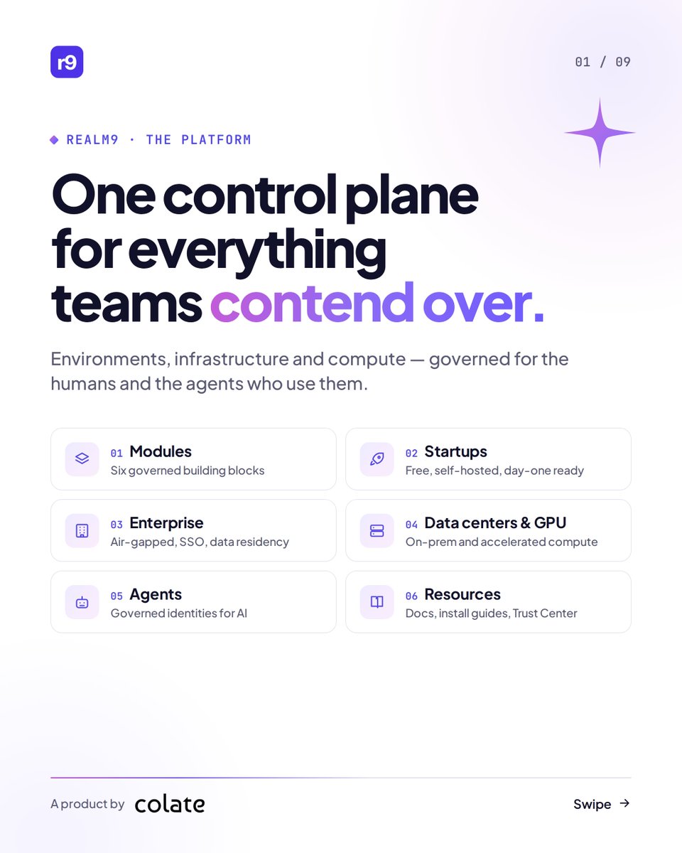 ColateAi's tweet photo. Realm9 introduced a new software to support modules, enterprise use cases, startup, agents, and MCPs.

The website is live to explore more about it.

Website: https://t.co/QlC3tYBYbc

What's in it?
Environment Management, Infrastructure Management, FinOps, MCP Server, AI Agents, Terraform, Self-service infrastructure, Multi-cloud, Platform engineering